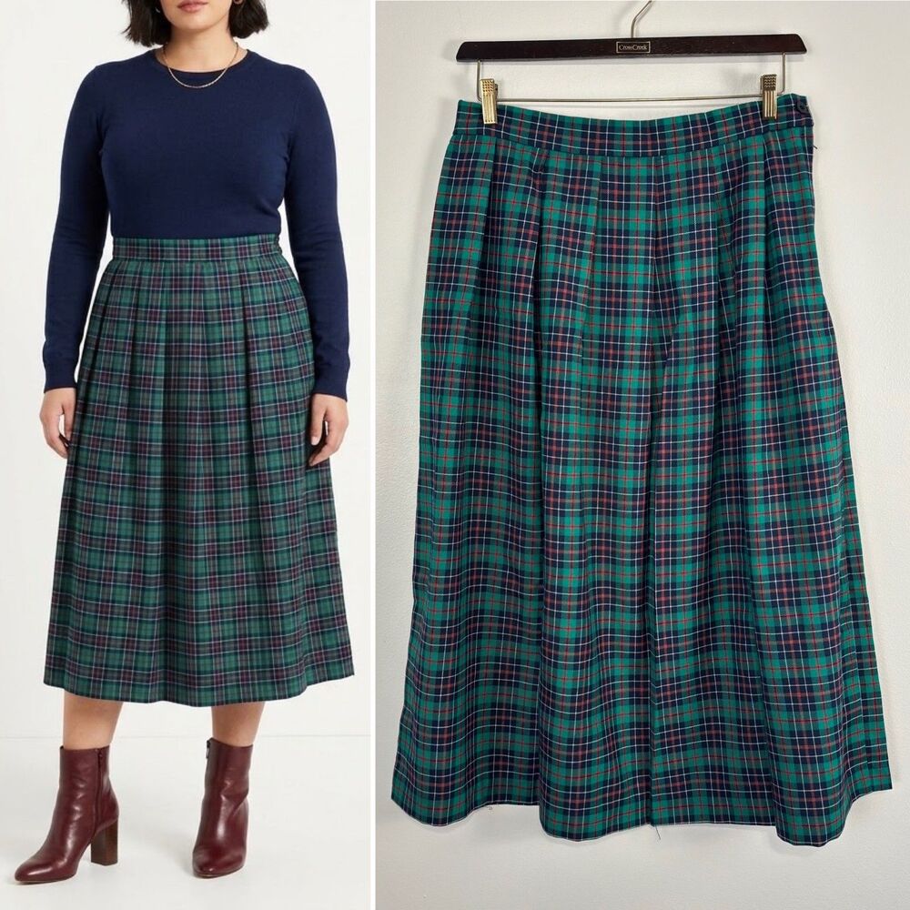 VTG 80s 90s Baxter & Wells Plaid Midi Skirt Women 16 Green Pleated Dark Academia